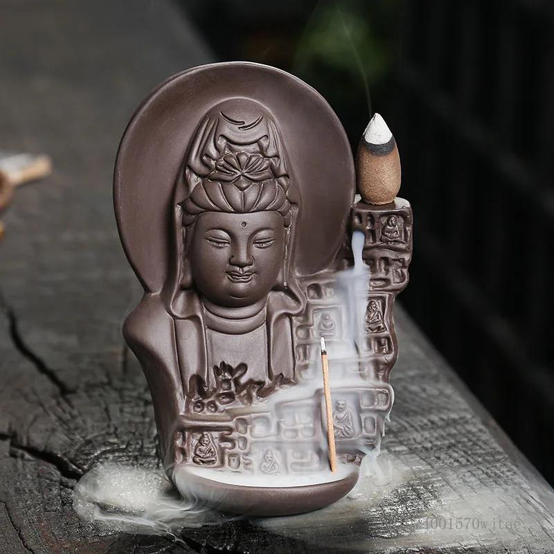 Chinese Style Backflow Incense Burner, Sculpture Purple Sand, Aromatherapy Furnace, Home Decor, Tibetan Buddha, Bodhisattva, 1Pc