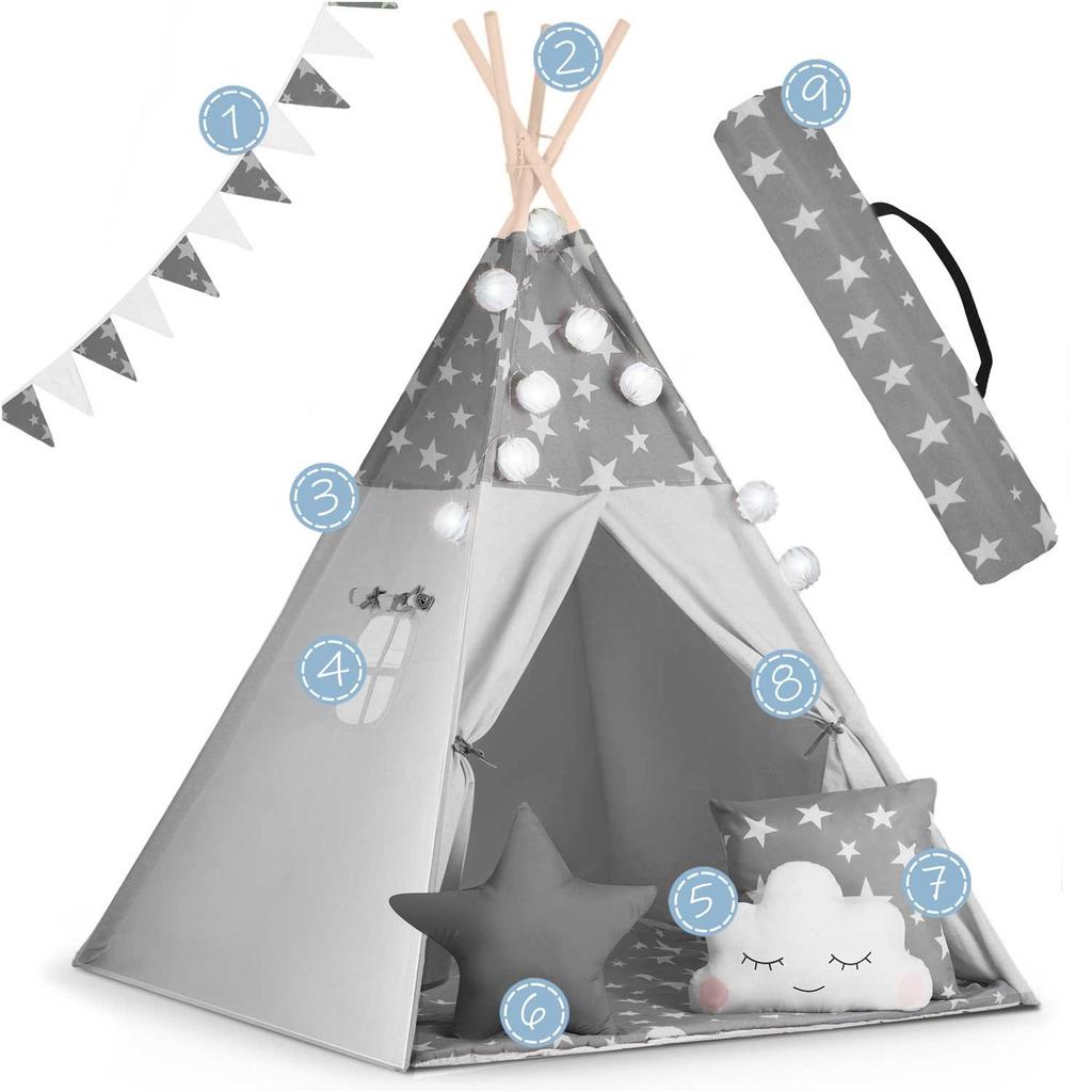 Nukido Children's Teepee Tent With Garland And Lights - Gray With Stars