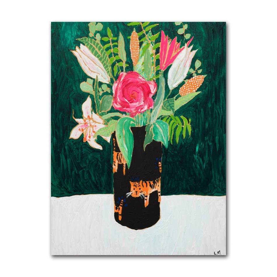 Nordic Flower Leaf Colorful Vase Art Print Wall Poster Canvas Painting Retro Picture Modern Home Decor Bedroom Decoration