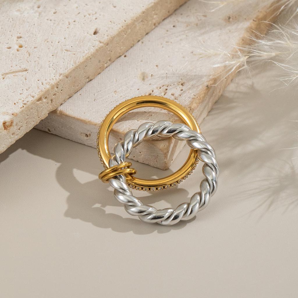 Stainless Steel Two Tone Double Layer Cubic Zirconia Circle Ring 18K Gold Plated Stackable Waterproof Ring for Women Jewelry