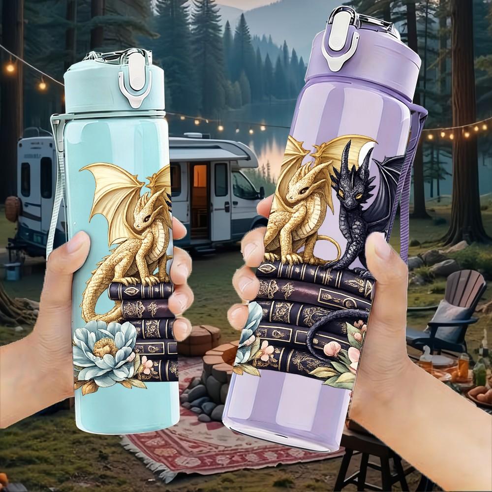 1PC Dragon Magic Book Fantasy Print 750ml Color Plastic Sports Water Bottle Leakproof Flip Straw Lid Suitable for Sports Office Home Use