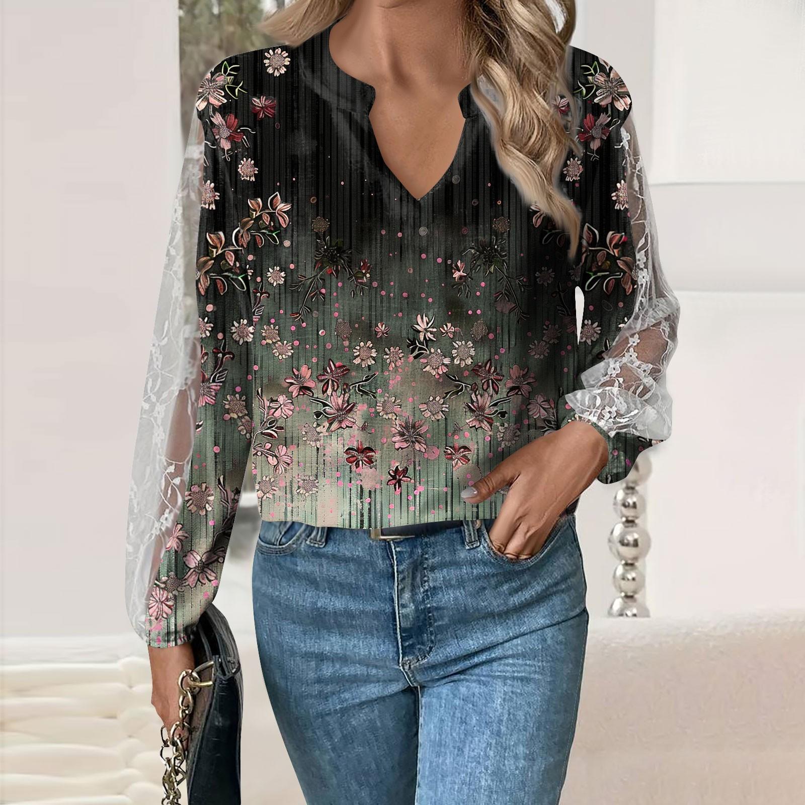 

Женские топы с длинными рукавами, повседневные свободные футболки с v-образным вырезом, милые топы-туники с кружевными рукавами и принтом XL розовый