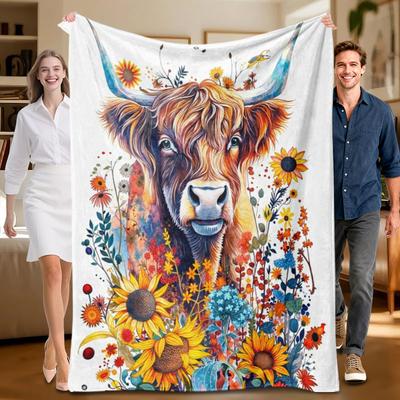 1 Piece Floral Cow-themed Soft Flannel Blanket, Colorful, Suitable for Sofa, Bed, Office, All-season Use.