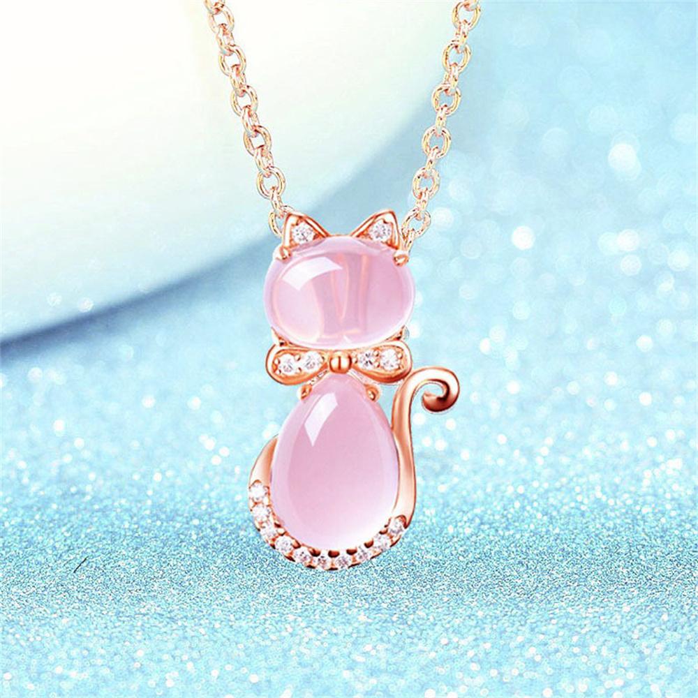 Natural Ice Pink Ross Quartz Cute Cat Crystal Pendant Trendy Gem Necklace for Woman Elegant Cham Girl's Party Gifts Jewelry