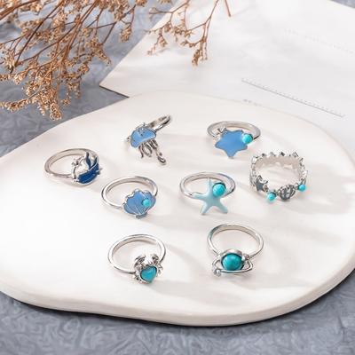 8 Pcs/Set Women Ring Set Ocean Theme Crab Seashell Jellyfish Shape Polished Smooth Stainless Birthday Gift Commute Knuckle Ring Finger Jewelry