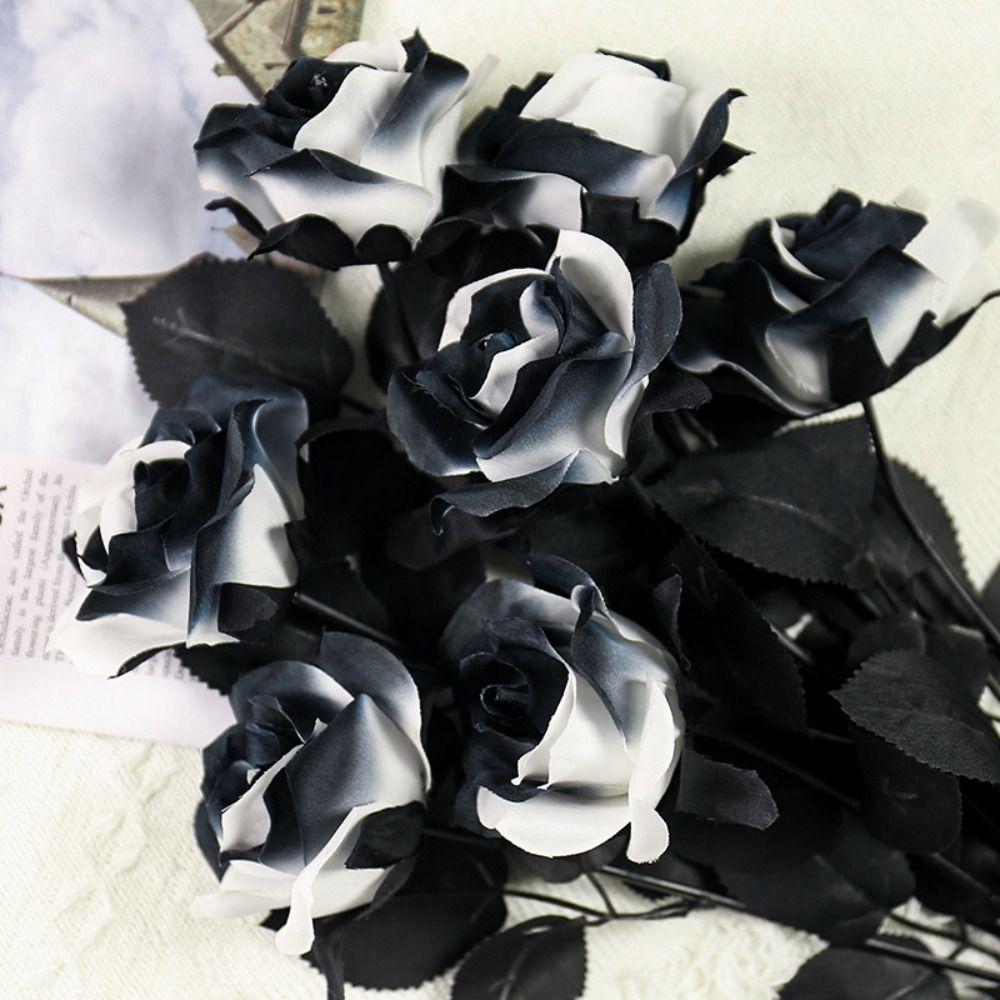Black White Halloween Artificial Rose Flowers Gothic Simulation Flowers  Bridal Wedding Bouquet
