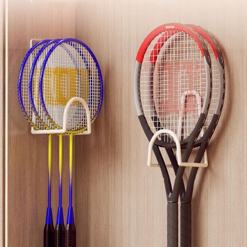 Badminton Racket Holder Wall Mount Rack with Strong Adhesive Metal Space Saving Organizer for Sports Equipment