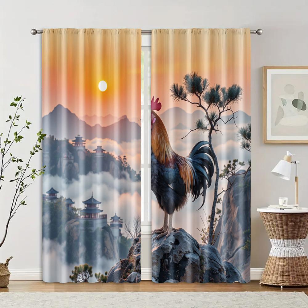 

2 pcs filtering curtains (excluding rods non-movable without batteries) Retro Rooster Sunset for use in bedrooms and living 100*130 HOOK 1pcs