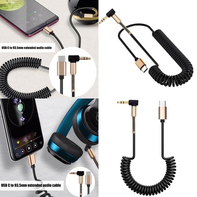 Spring Coiled Type C To 3.5mm Headphone Cable 90 Degree Male Sound Cord Angled Sound Extension Cord for USB C Smartphone