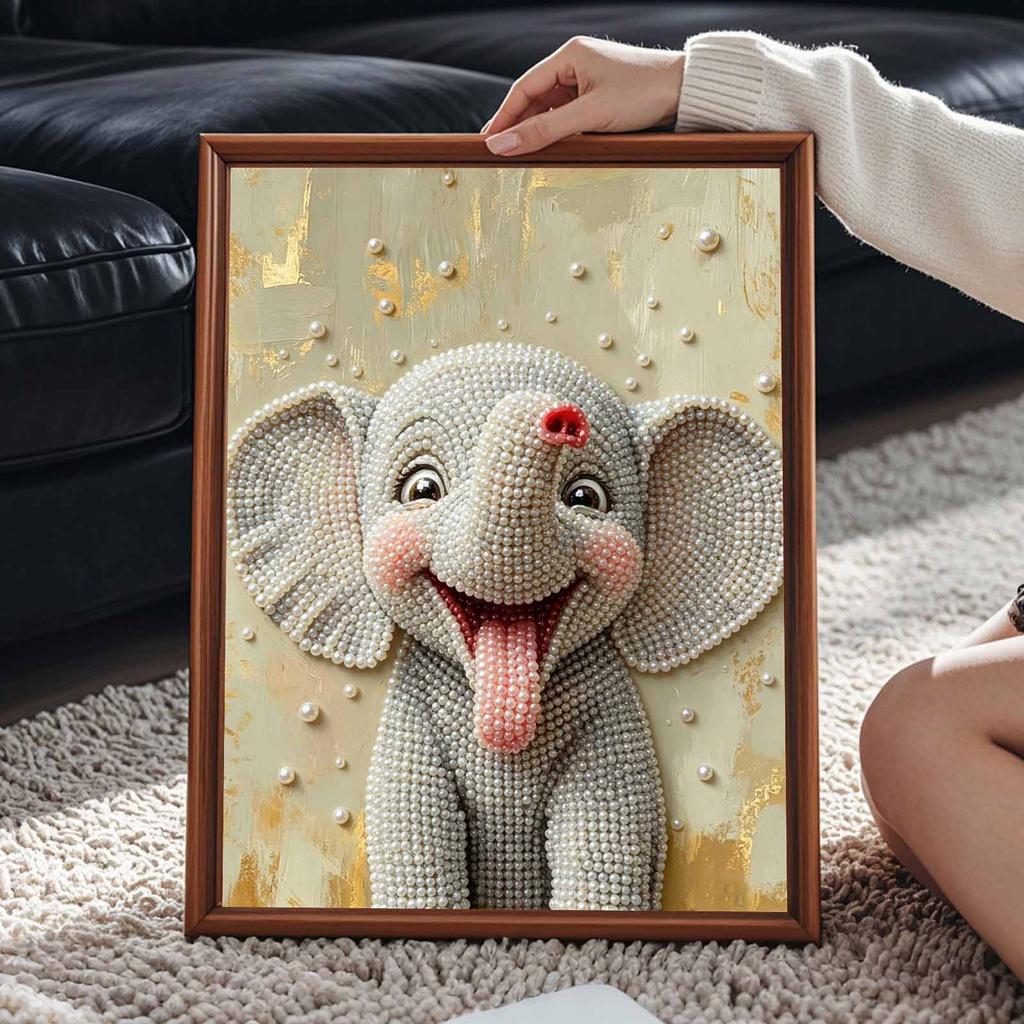 Sparkling Framed Pearl Painting Kit DIY with Cute Baby Elephant 3D Bead Art Canvas Ready To Display Home Wall Decor Gift Set for Crafting