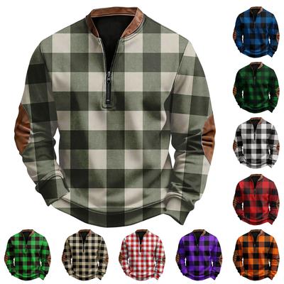 Men's Casual, Trendy, Retro American Checkered Print Round,neck Long,sleeved Half,pull One,piece Sweatshirt