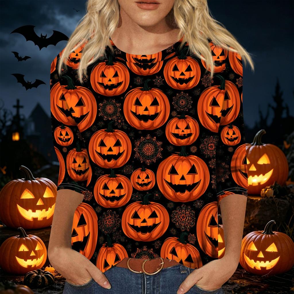 Women's Casual Three Quarter Sleeve Halloween Theme Printed Crew Neck Top Relaxed Fit Soft Material Holiday Blouse Shirt