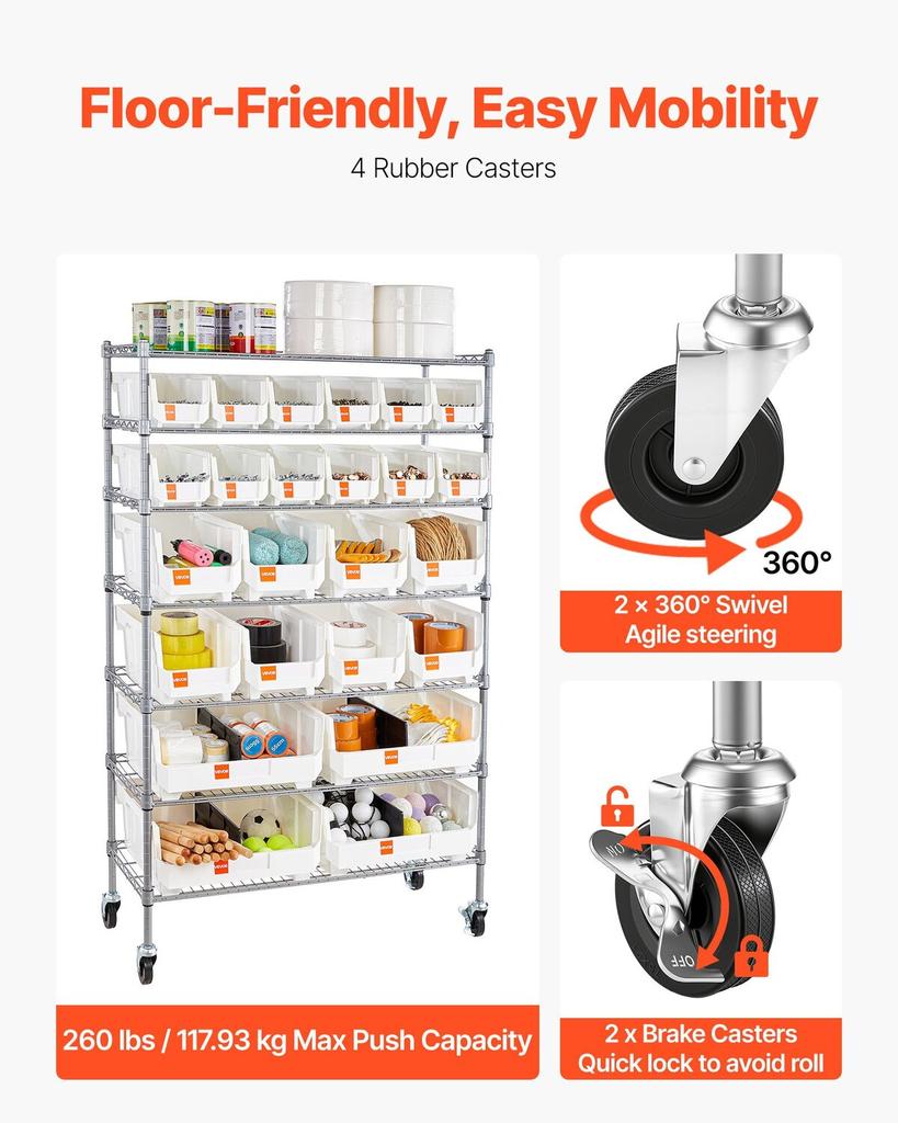 7-Tier Rolling Bin Storage Rack, 24 Organizer Bins, Bin Rack Storage Steel Wire Shelving System with Wheels, Mobile Tool Organizer for Garage,