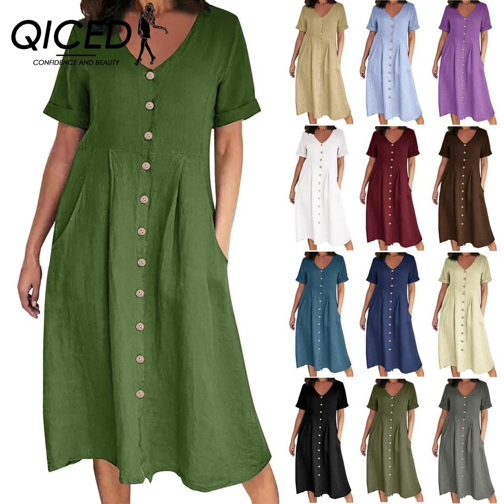 QICED Women Summer Casual Cotton V-Neck Short Sleeve Button Dress