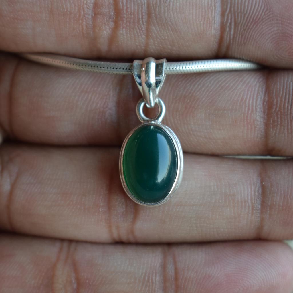 Handmade Oval Green Onyx Pendant: 925 Sterling Silver, December Birthstone
