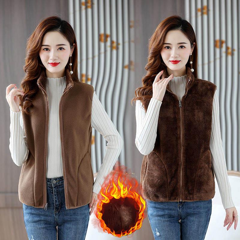 Autumn and Winter Women's Stand Collar Spliced Zipper Pocket Fashion Solid Color Double Sided Casual Sleeveless Vest