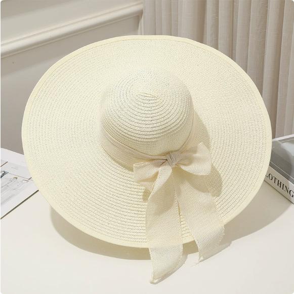 Cappello da Sole Estivo a Tesa Larga per la Spiaggia all'Aperto Moda Bordo Larga Pieghevole Cappello da Sole da Donna Colore Unito Decorazione Fiocco Cappello a Cilindro