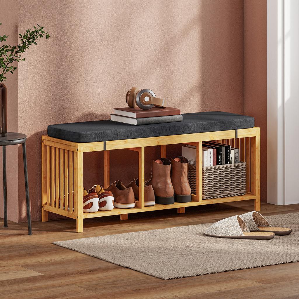 Bamboo Shoe Bench Hallway Bench With Padded Seat Cushion And Open Shelf Natural Wood Look