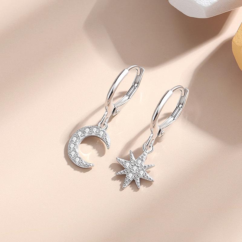 

Korean Style S925 Sterling Silver Star & Moon Diamond Inlaid Dangle Earrings Sterling Silver S925