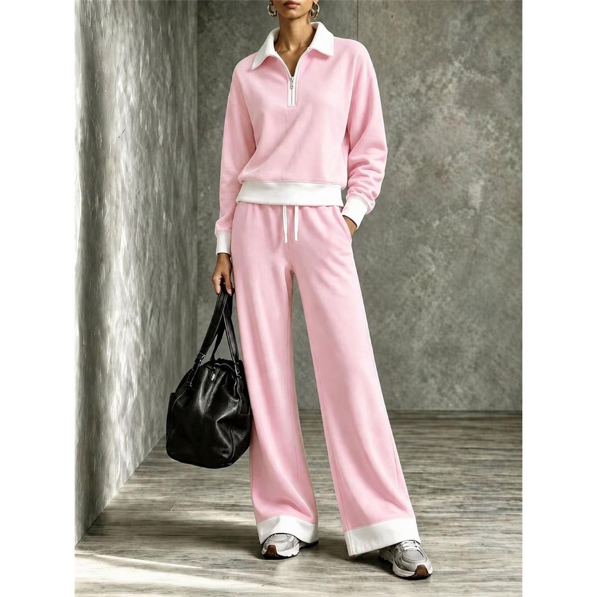 Dames 2-delige Trainingspak Halve Rits Kleurcontrasterende Kraag Sweatshirt Trekkoord Wijde Pijpen Broek Casual Loungewear Set XXL roze