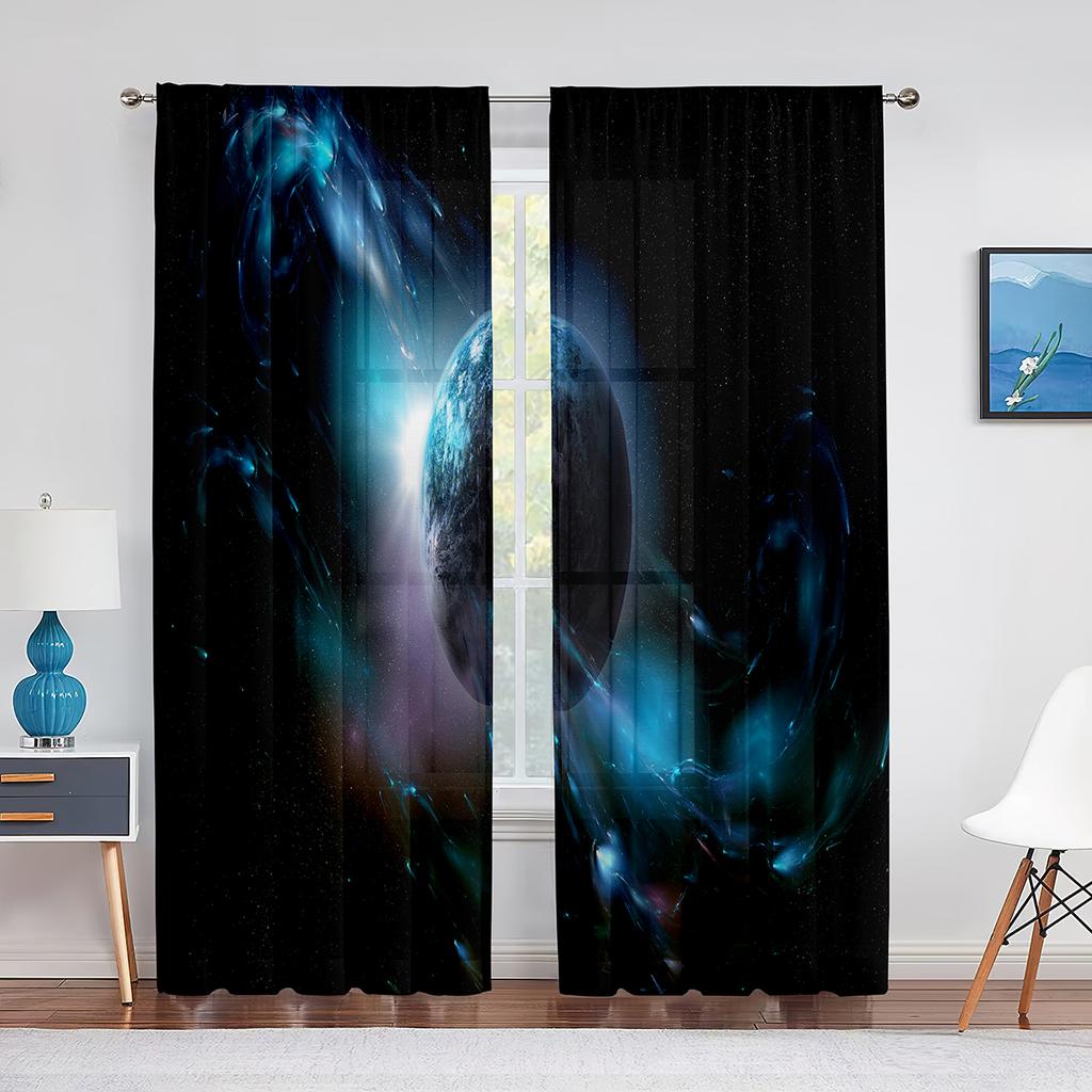 Galaxy Tulle Curtains Blue Red Planets Orbital Ring Stars Outer Space Sheer Voile Curtain for Living Room Bedroom Kitchen Decor