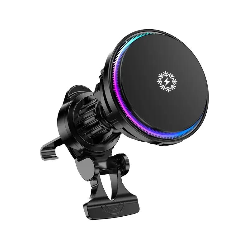 ICE Cooling Magnetic Car Wireless Charger RGB Light Phone Holder Air Vent Mount for iPhone 16 15 14 13 Pro Max Fast Car Charging