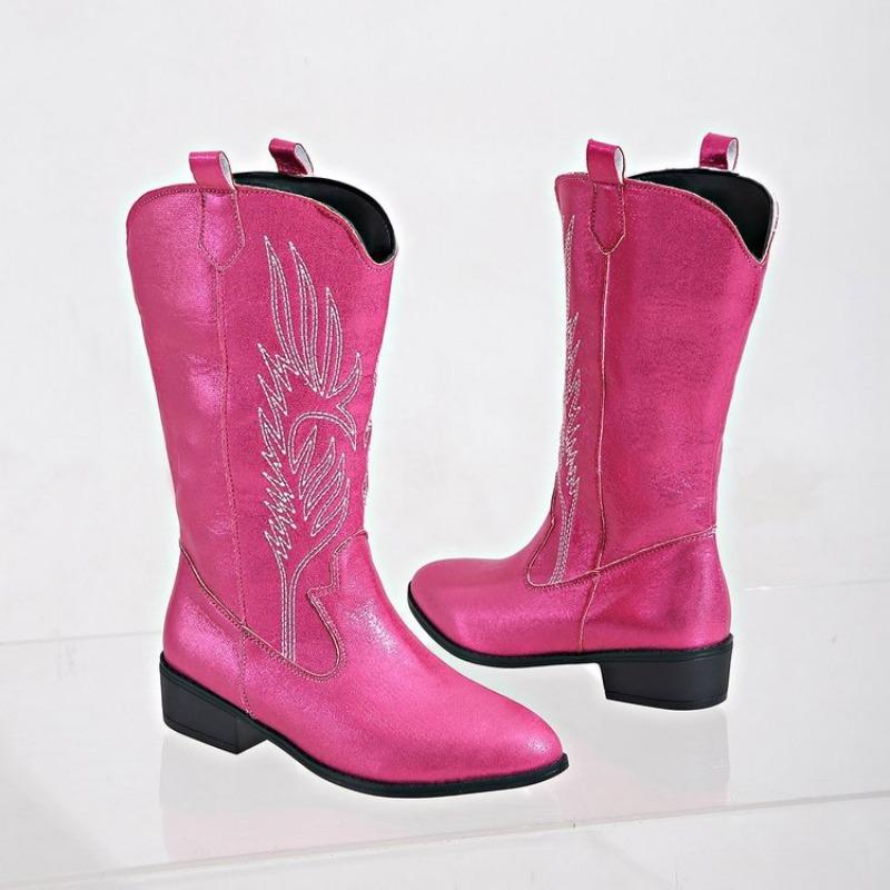 Large size medium heel embroidered medium tube sleeve knight boots pink fashion boots autumn and winter