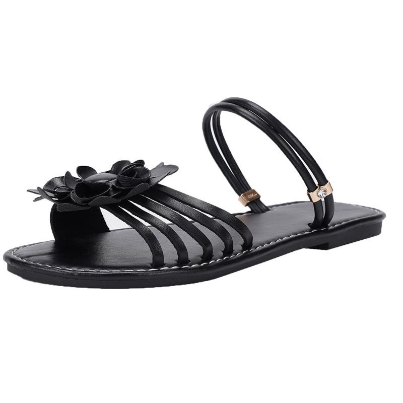 Two Sandals Women's Summer New Flower Women's Slippers Large Size Flat One-word Cool Slippers
