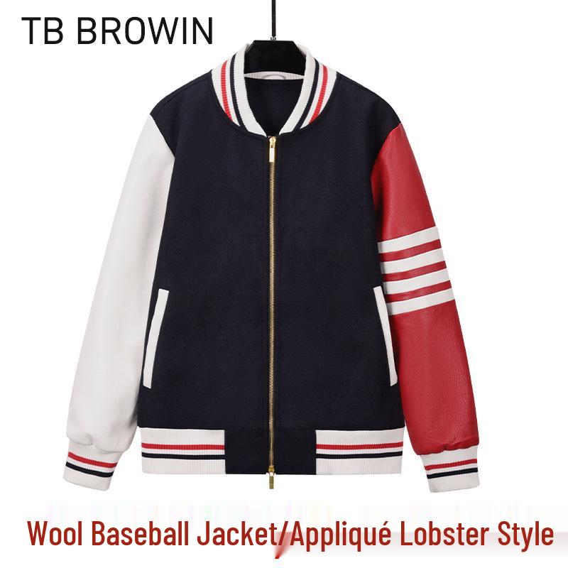 TB BROWIN Autumn Striped Wool Blend Baseball Jacket - Lobster Style Streetwear Casual Outerwear