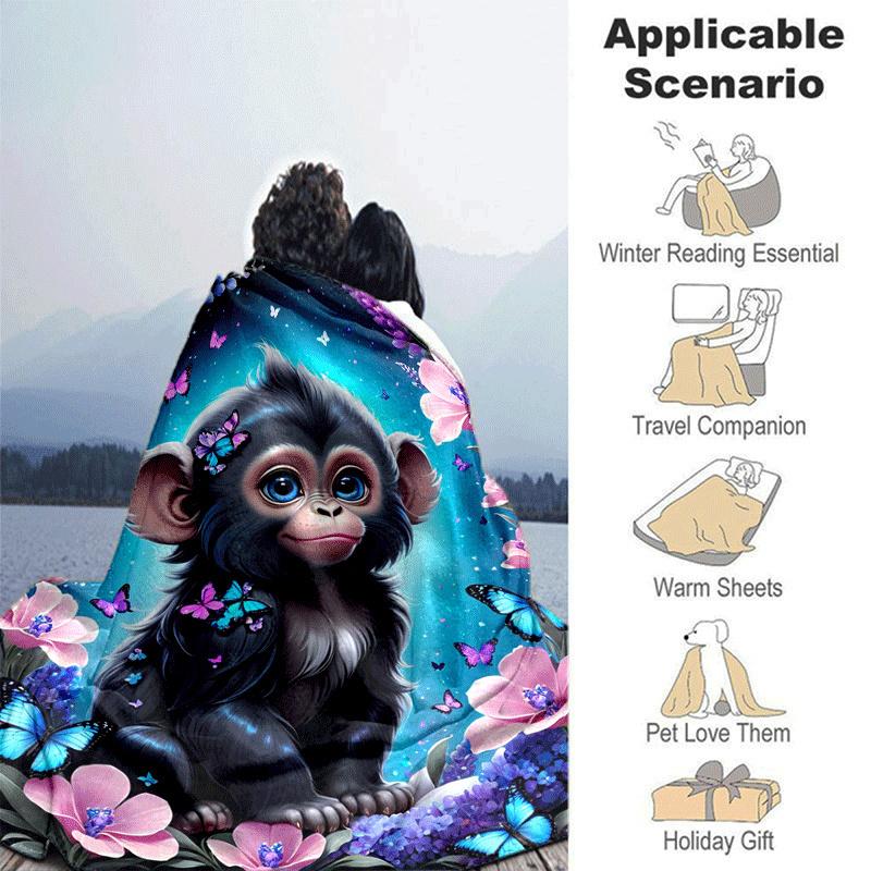 1pc Monkey Printing Lightweight Flannel Blanket, Comfortable and Warm Blanket, for Camping Sofa Bed and Couch Office, Gift