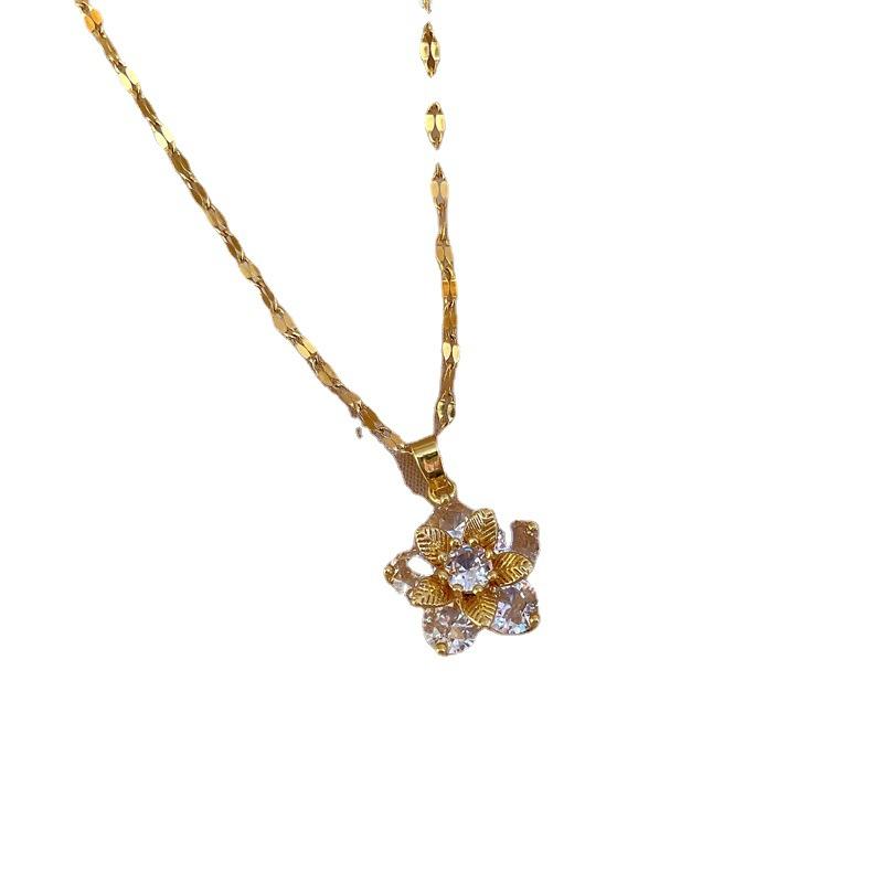 Titanium Steel Micro-Inlaid Copper-Plated Real Gold Snowflake Zircon Pendant Necklace Female Versatile Collarbone Chain Titanium Steel Chain