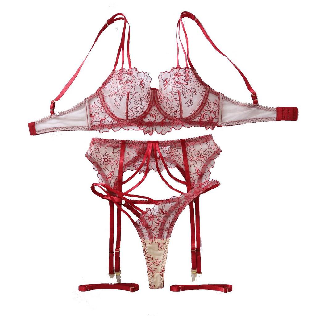 Sexy Sheer Lingerie Set for Women Floral Embroidery Multi-strap Bra Set Adjustable Split Lingerie Set