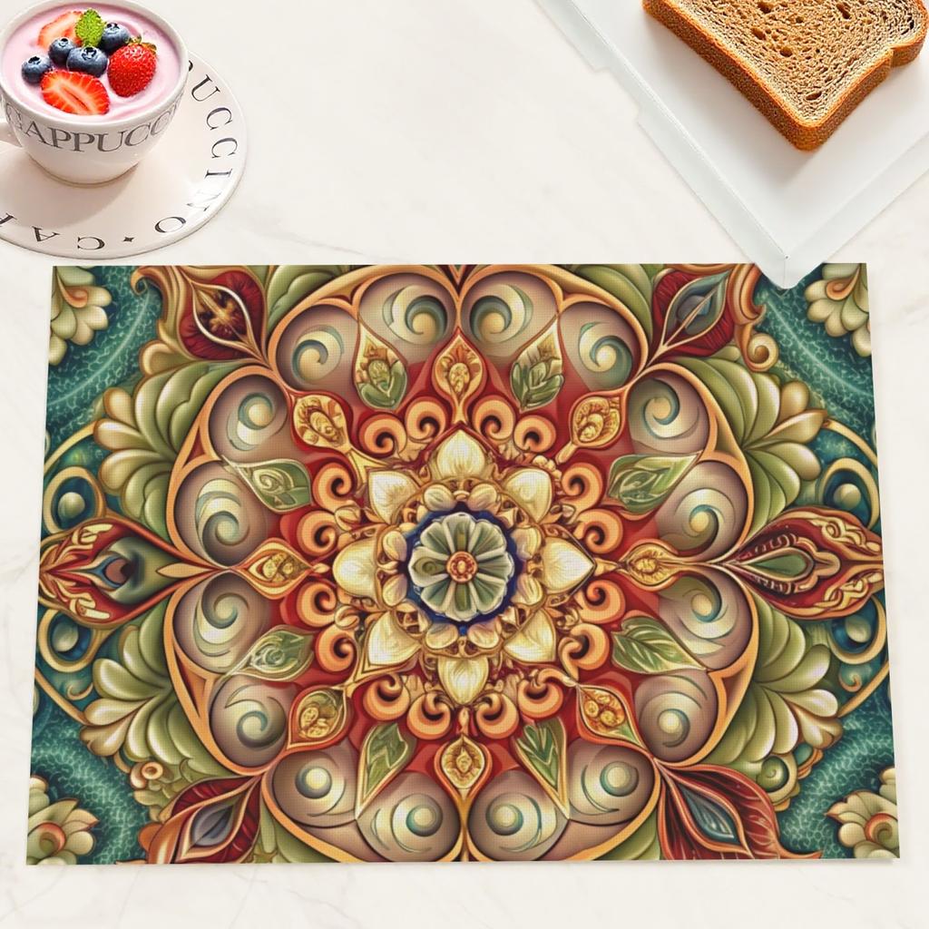4pcs Polyester Mandala Style Floral Placemats Heat-Resistant Washable Non-Slip Table Mats for Kitchen Dining Table Home Decor