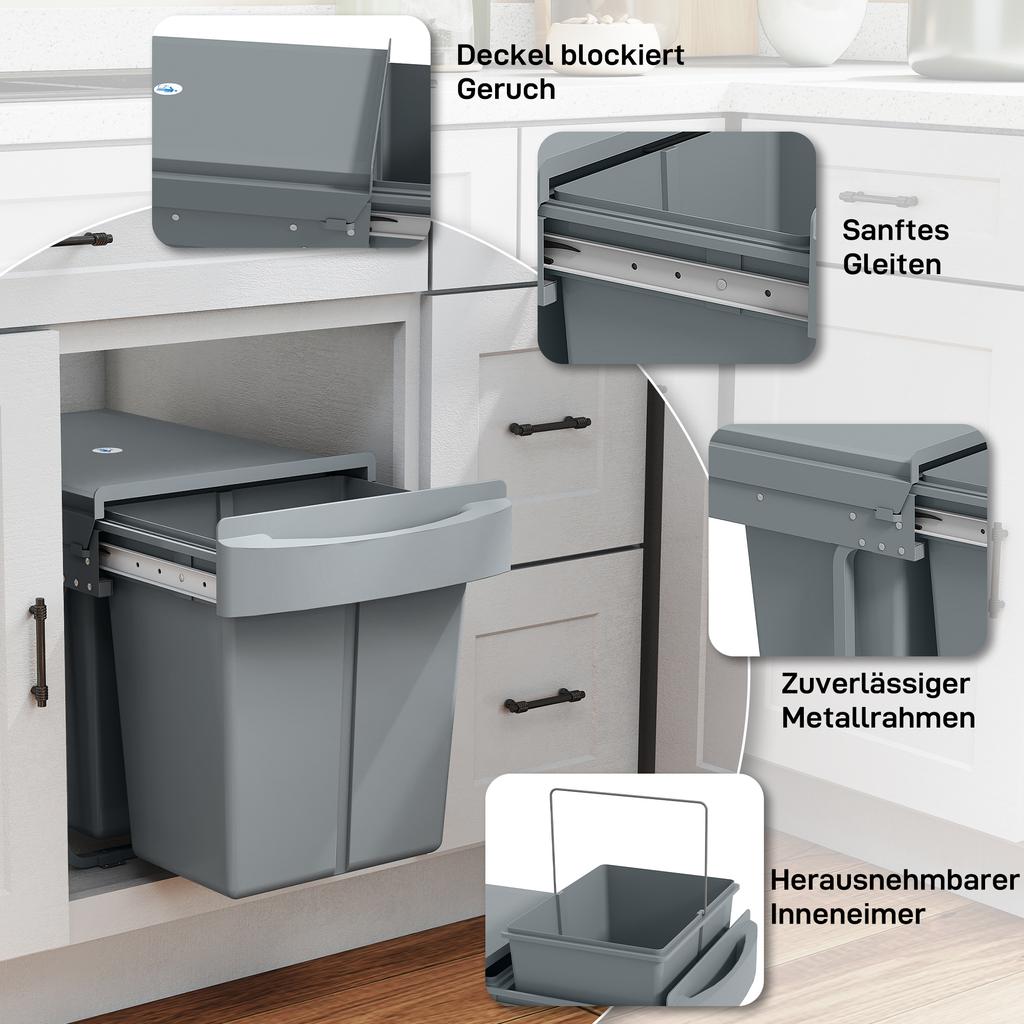 Pull Out Bin, Kitchen Under Sink Bin with 2 Removable Compartments, Smooth Glide, Grey
