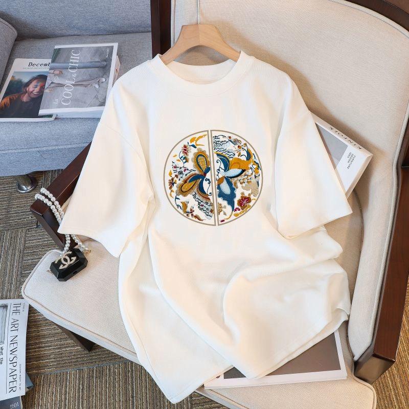 Chinese Ethnic Style Short Sleeved Top 2024 Summer New Womens Tshirt White Fashionable Loose Bottom Top Pattern Tshirt