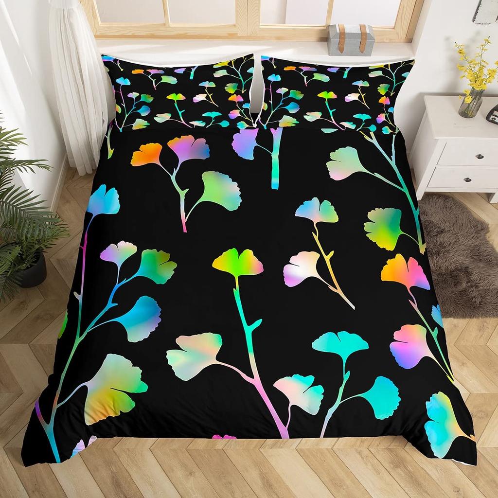 Ginkgo Leaves King Queen Duvet Cover Black Golden Ginkgo Biloba Leaf Bedding Set Botanical Quilt Cover Polyester Comforter Cover