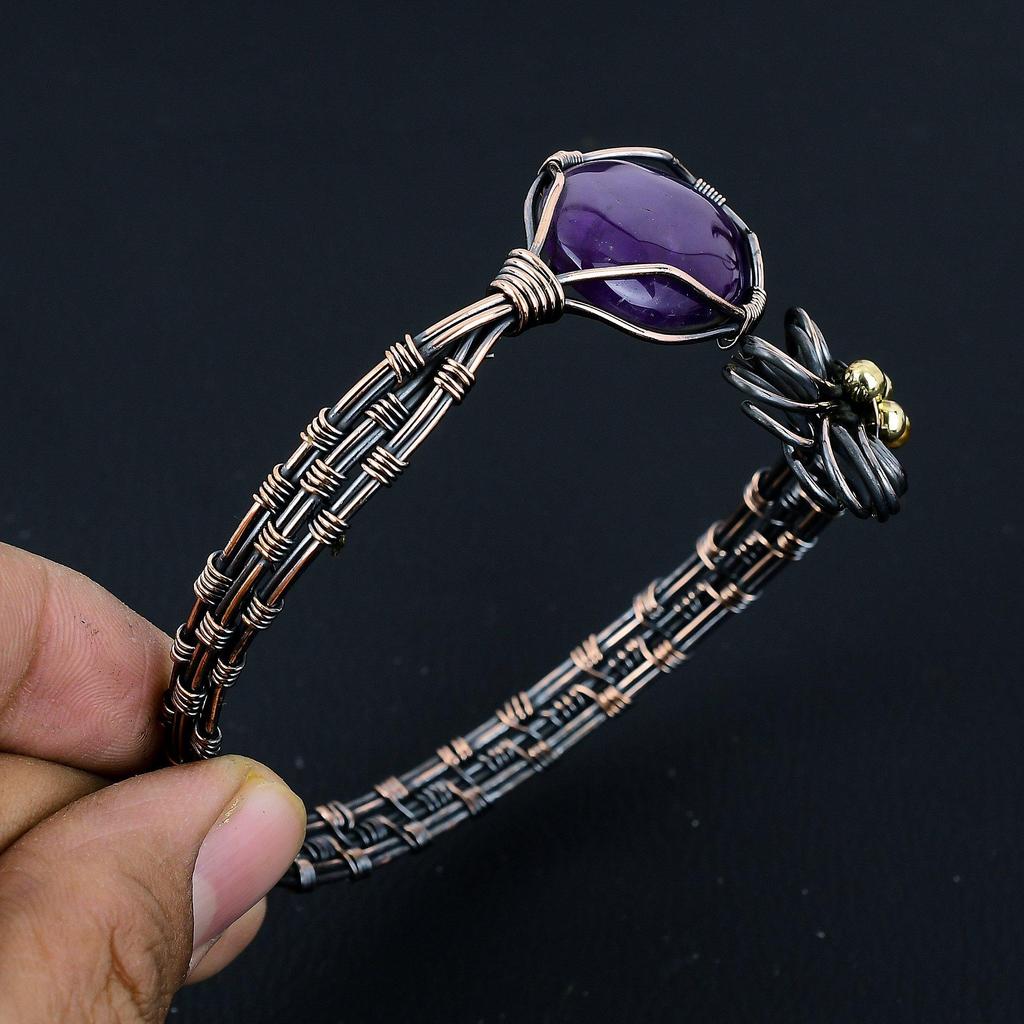 Amethyst Bangle  999 Copper Wire Wrapped Cuff Bracelet, Adjustable Bangle Gemstone Jewelry, Gift For Mom Handmade Brand, New Jewelry