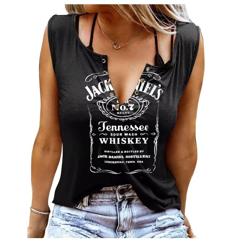 Zabawne T-shirty damskie bez rękawów z nadrukiem literowym i kolorowym dekoltem w serek