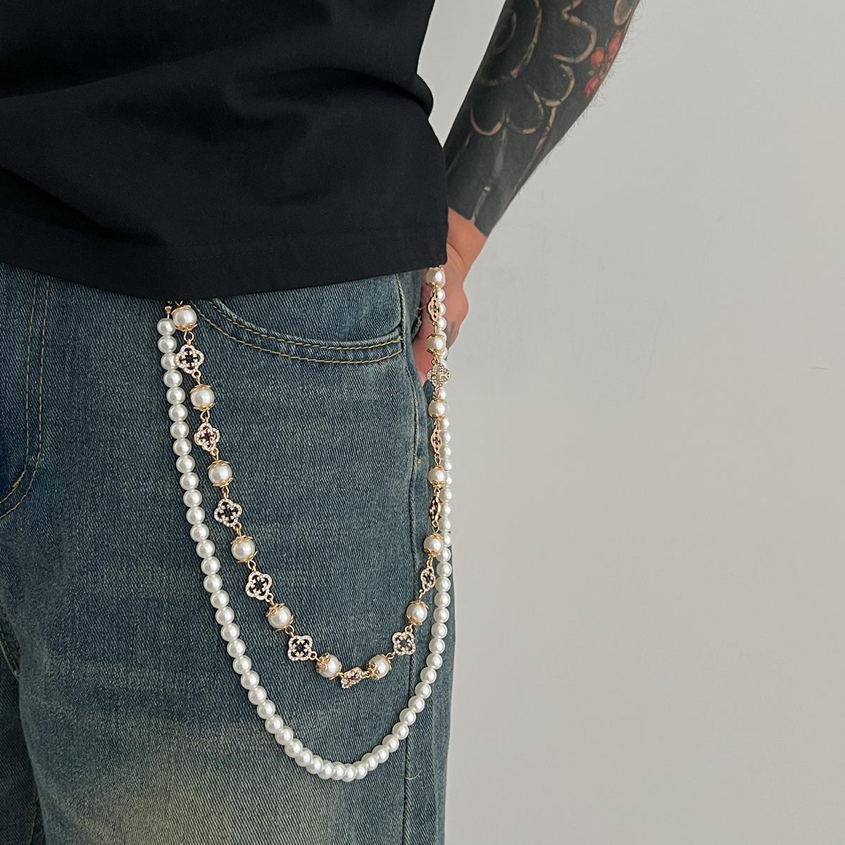 

SHIXIN Trend Layered Imitation Pearl Pants Waist Chain Men Women Versatile Rhinestone Flower Jeans Chain Bag Pendant Accessories