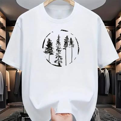 Men's Summer 100 Cotton Fashionable Casual Loose Forest Tree Pattern Printed Sports Round Neck Short Sleeved T-shirt Top T Shirt