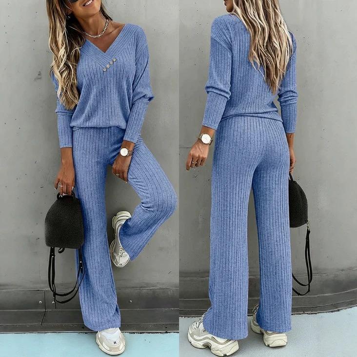 Spot 1116 autumn and winter new European and American fashion solid color casual long sleeves and trousers two-piece set for women