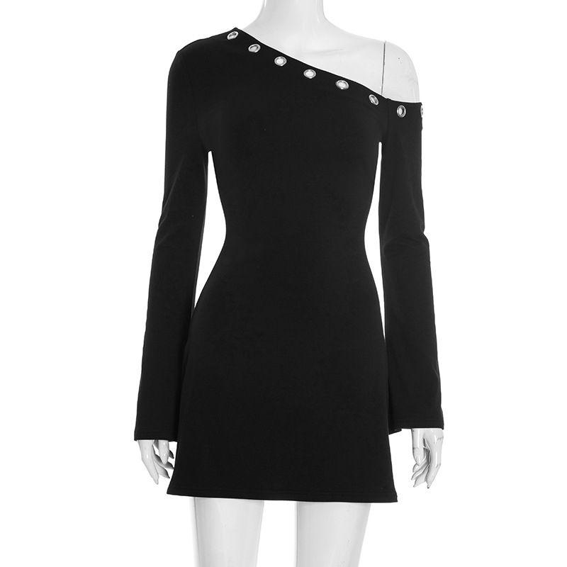 

Western Style New Fashion Sexy Sloping Shoulder Long sleeve Sheath Dress Sexy off Shoulder Dress Black L