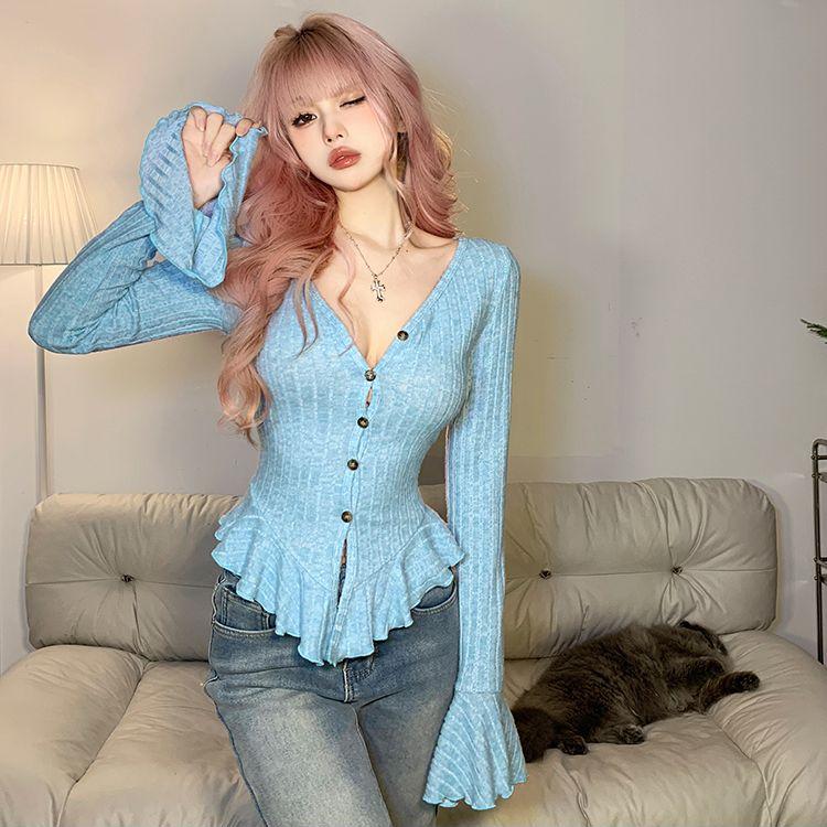 VAYLA Korean Style Sweet Hot Girl Sexy Flare Sleeve Cardigan Women's Solid Color V-neck Thin Slim Top Fashion Female Clothes