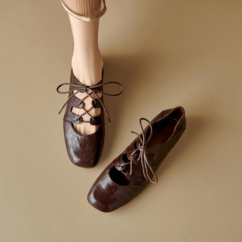 Fashion NEW Spring/Autumn Women Pumps Square Toe Chunky Heel Shoes Genuine Leather Shoes for Women Cross-tied Mary Janes Lace-up Shoes