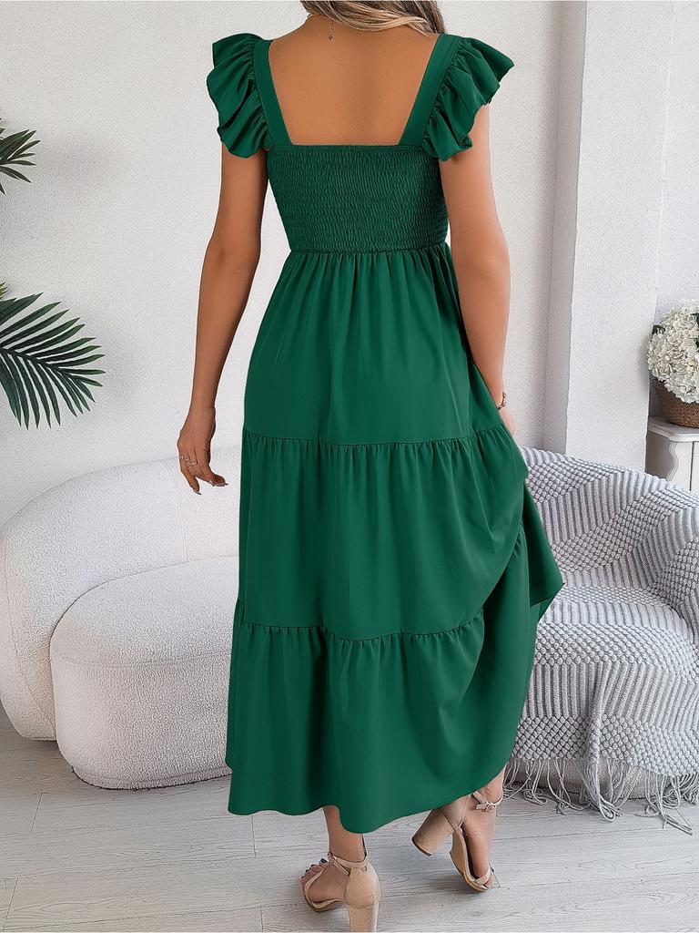 Square Neck Solid Color Dress High Waist Elegant Ruffle Edge Dress for Women Sleeveless Loose Dresses Causal Dress