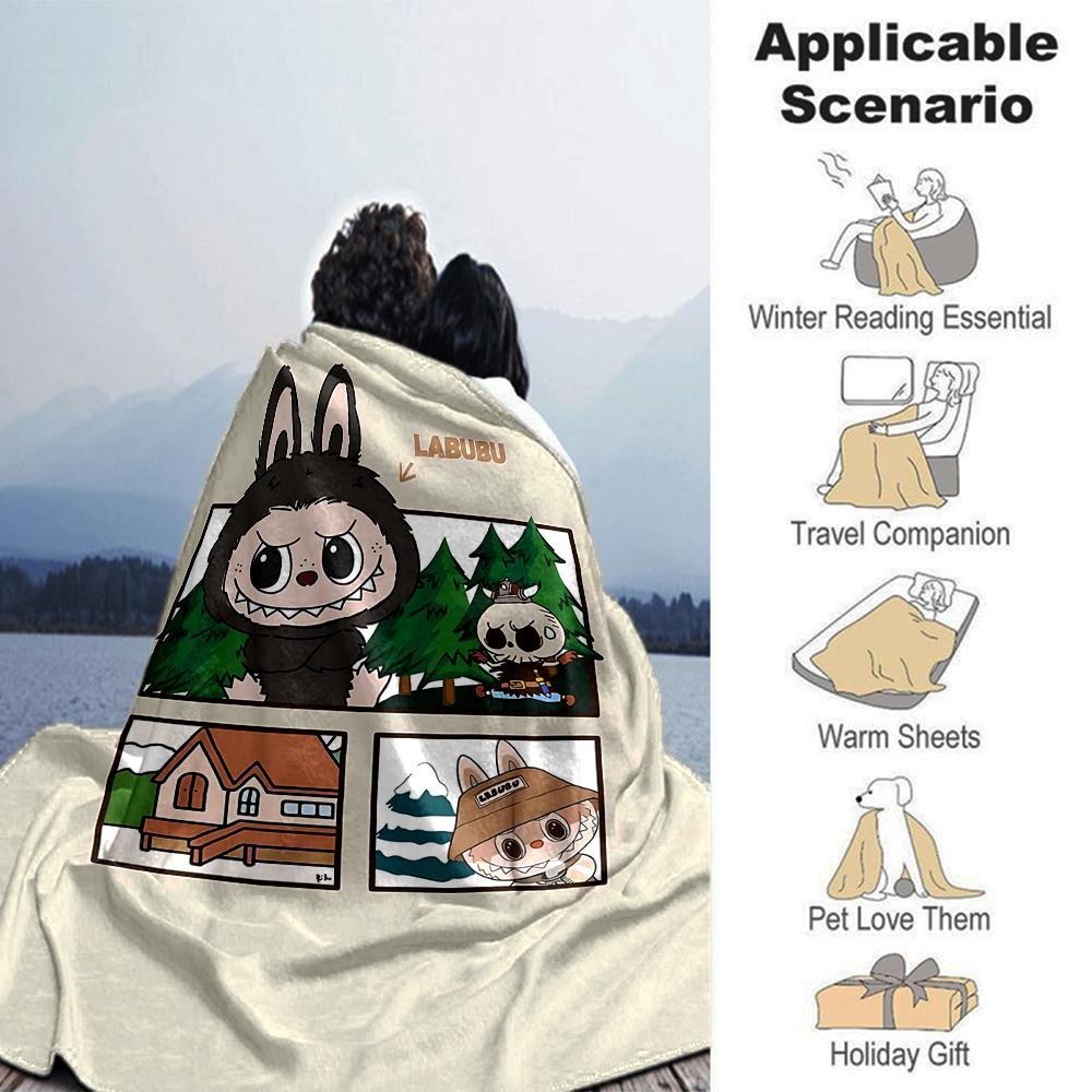 1Pc Cute Labubu Blanket Soft Comfortable Polyester Blanket Allseason Bedroom Office Outdoor Use Christmas Gift Choice Print Home Blanket Soft And Comf
