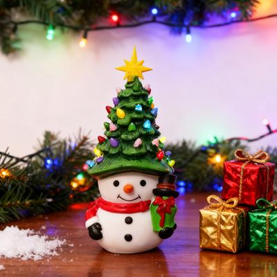 Christmas Cartoon Snowman Ornament USB Powered Glowing Xmas Tree Topper Snowman Figurine Home Office Holiday Party Decoration