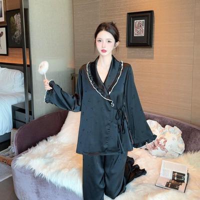 Damen Pyjama aus Eisseide - Bequem, hochwertig, französischer Jacquard, langärmlig & Hose für Frühling und Herbst