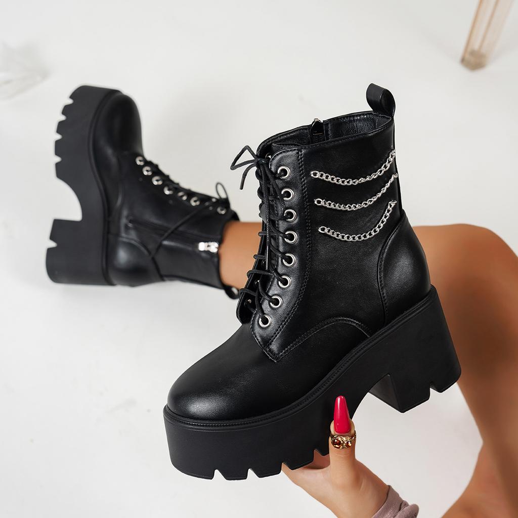 New autumn and winter platform high heel large size punk style chain low boots women's boots