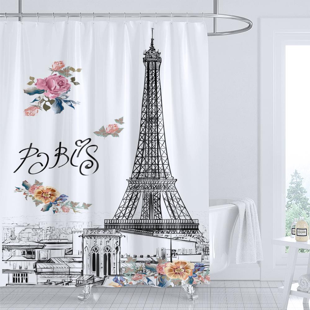 Ретро Эйфелева башня и цветы Душевая занавеска Принт Современный скандинавский минимализм Полиэстер Домашний декор Занавеска для ванной комнаты с крючками W90xH180cm-35x70in
